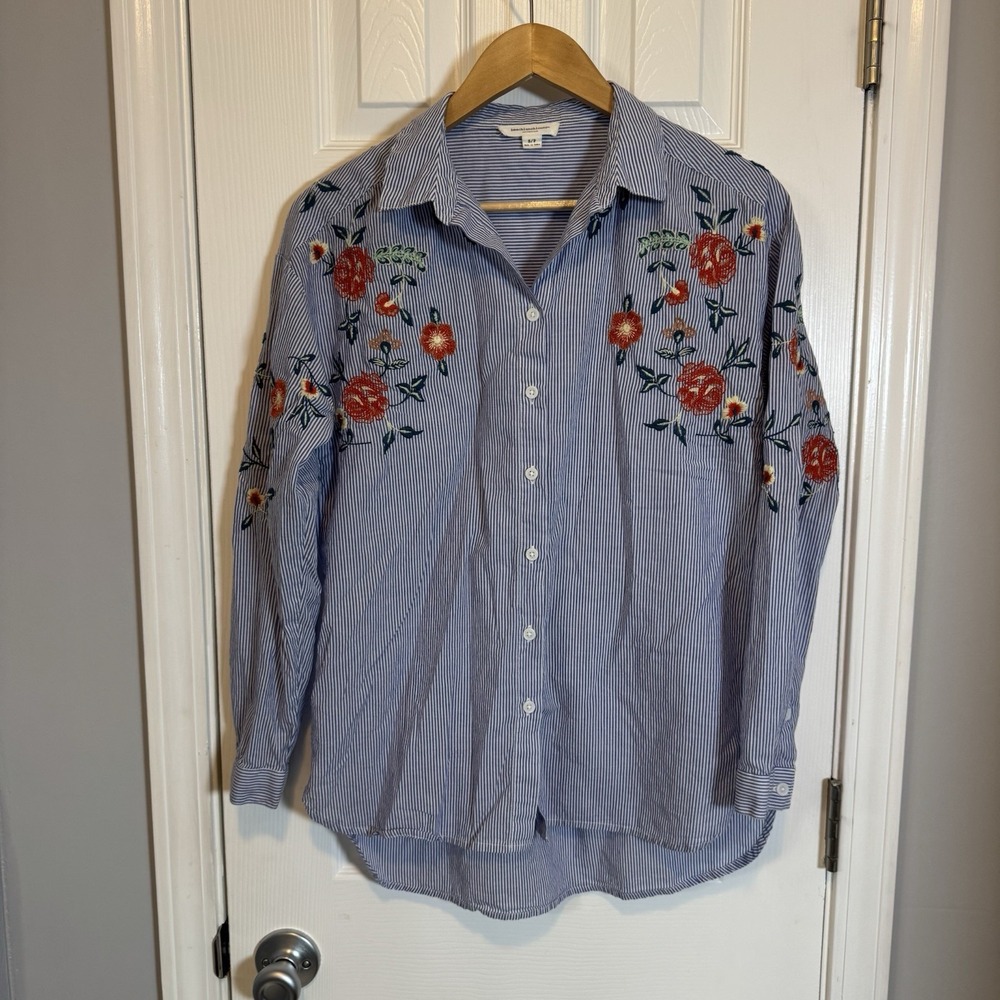 Beach Lunch Lounge Floral Embroidered Button Down Shirt Small Blue Striped